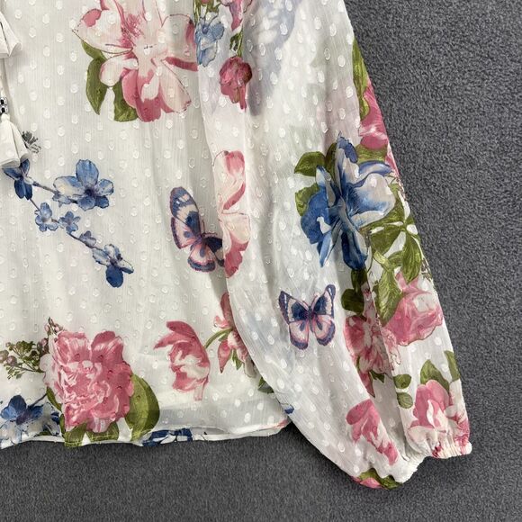 Haver & Blair London Top XL White Boho Floral Butterfly Blouse Tassel‎ Neck Tie - Picture 6 of 16